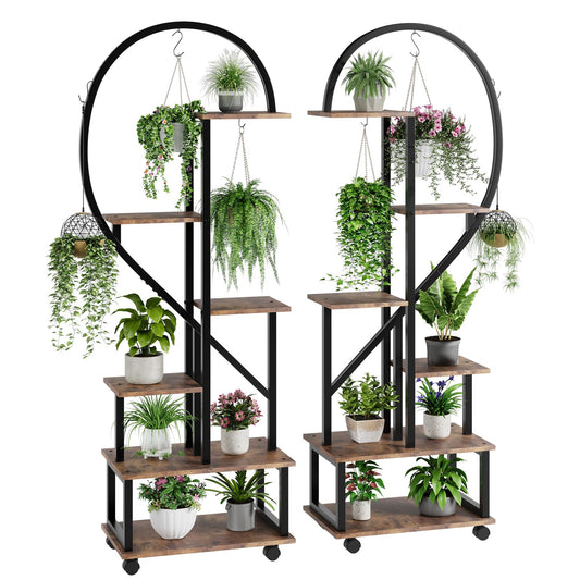 Plantenrek – Plantenstandaard – Plantentafel – Plantenrekken – Bloemenrek – 2 stuks 6 niveaus – Met laden en afneembare wieltjes – Stevig metalen half-hartvormig design
