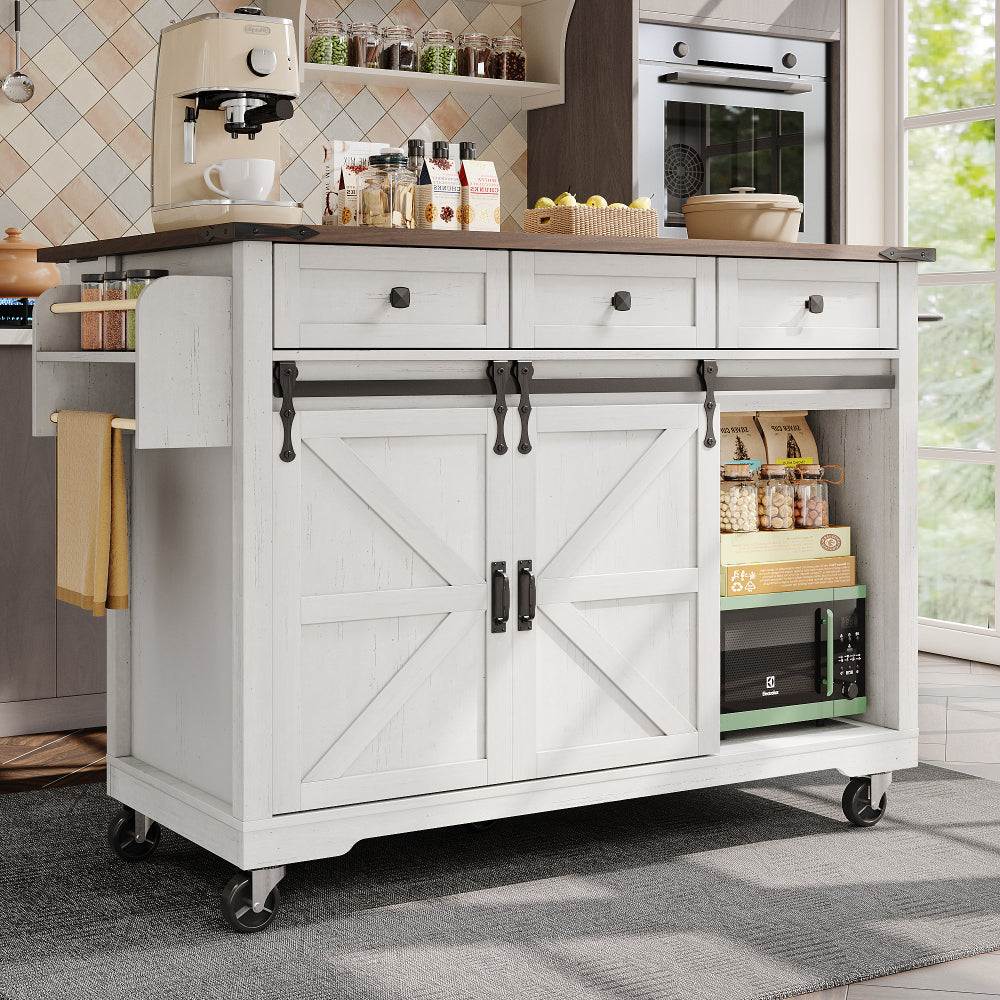 Heavy-Duty Metal Kitchen Island & Dining Cart with Pull-Out Worktop, 2 Sliding Doors & 3 Drawers - Mobile Rolling Cabinet with Woodgrain Finish, & Modern Design, Space-Saving Storage for Small Kitchens, Easy Assembly, No Elec