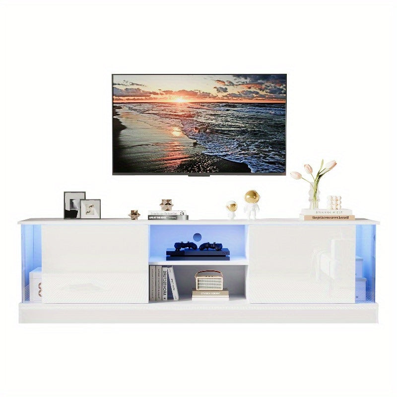 Moderne Witte High-Gloss Tv-Meubel – Rustieke Tv-Stand – Tv-Meubel Met Opbergruimte – Tv-Kast Voor Woonkamer – Tv-Tafel Voor Slaapkamer – Duurzaam Metalen Frame – Kabelmanagement Systeem