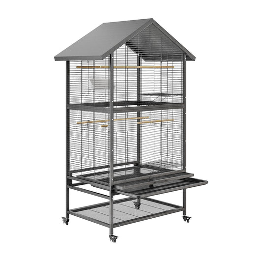 Vogelkooi – Vogelhuis – Vogelkooi Met Wieltjes – Vogelverblijf – Vogelkooi Zwart – Stevige Metaalconstructie – Mobiel Met Opbergruimte