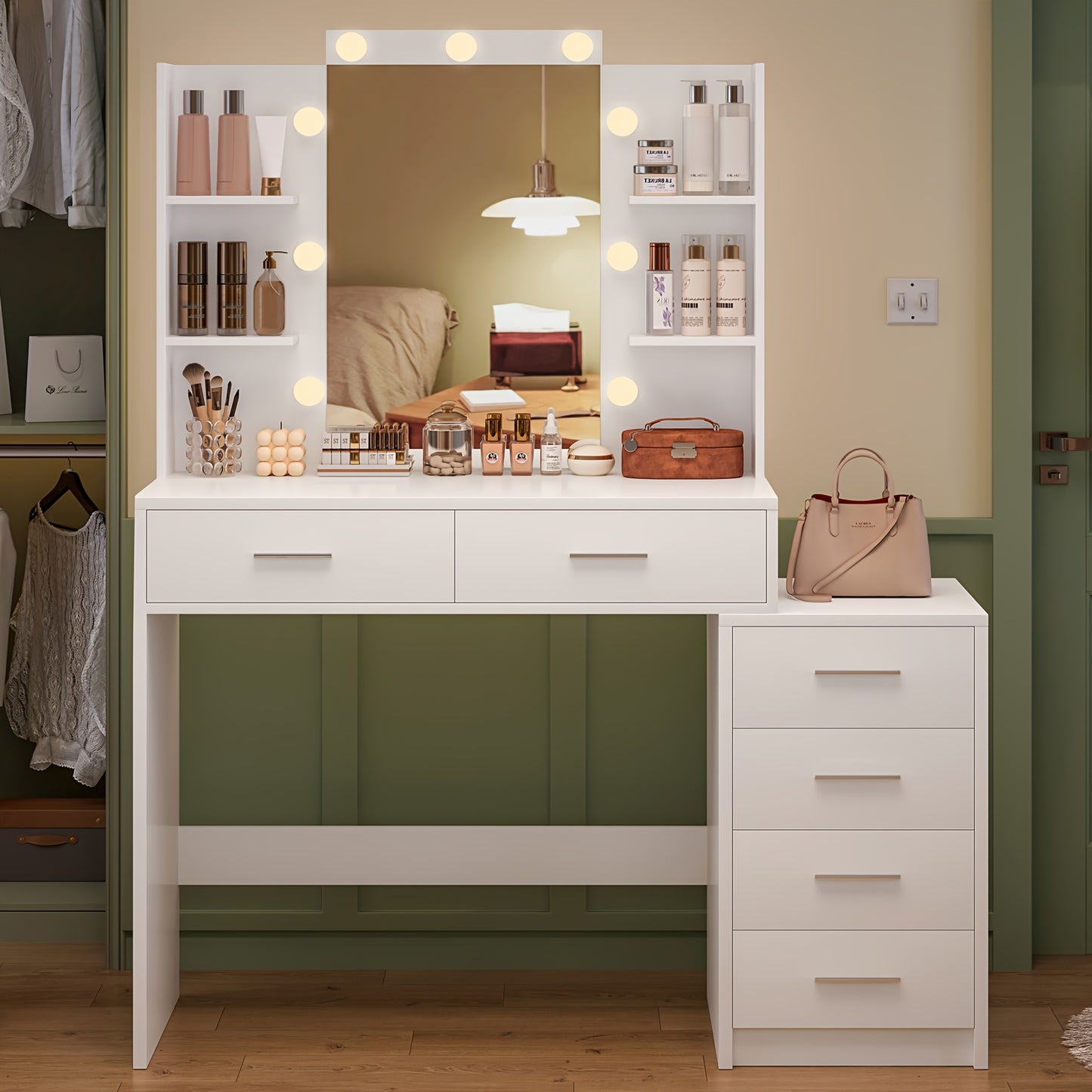 Toilettafel – Kaptafel – Make-up Tafel – Opmaaktafel – Dressoir – Wit – Verlichte Spiegel – 6 Laden en 4 Open Vakken