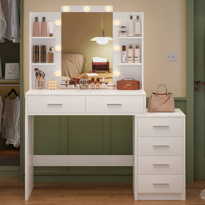 Toilettafel – Kaptafel – Make-up Tafel – Opmaaktafel – Dressoir – Wit – Verlichte Spiegel – 6 Laden en 4 Open Vakken