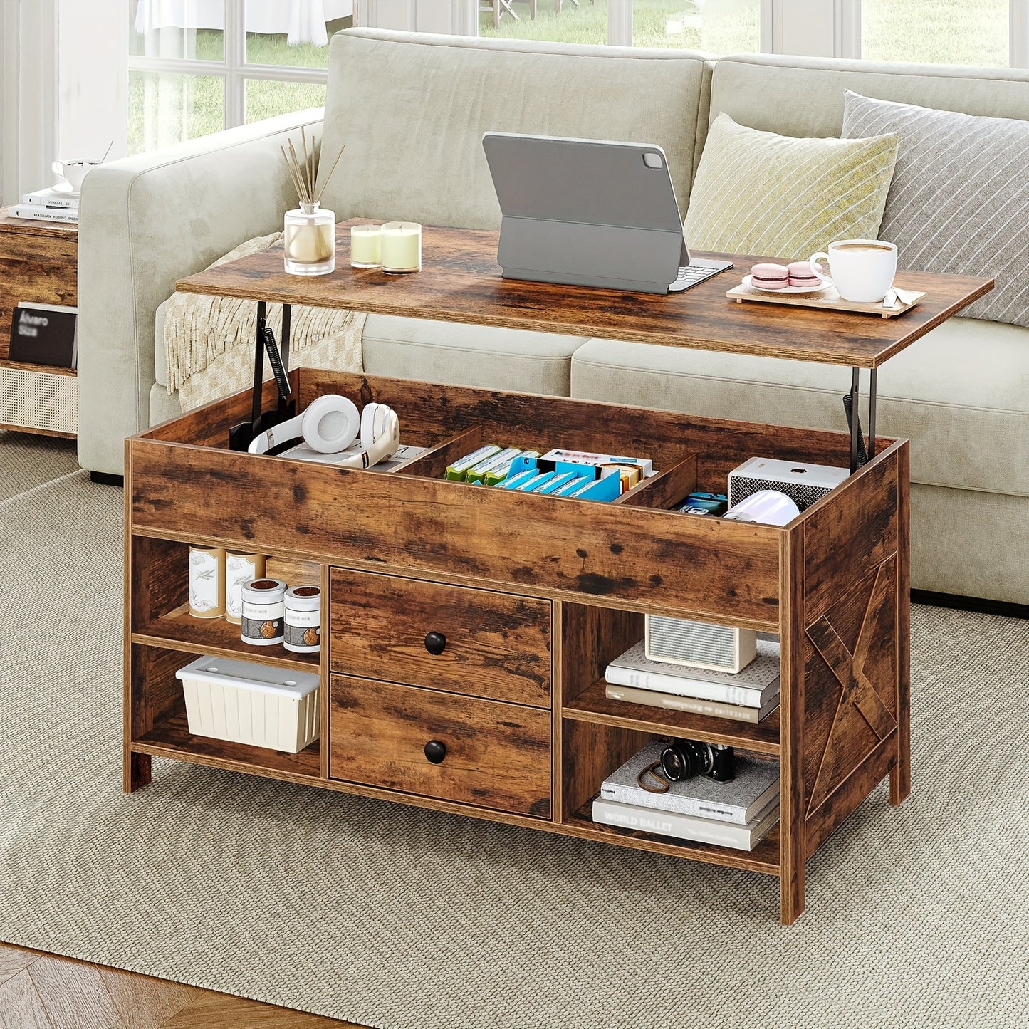 Salontafel – Koffietafel – Verstelbare Tafel – Sofa Tafel – Woonkamertafel – Hoogte Verstelbaar – Met 2 Lades En Verborgen Opbergruimte – 50x100x47,3-61,3 cm – Modern Design – Duurzaam Hout En Metaal