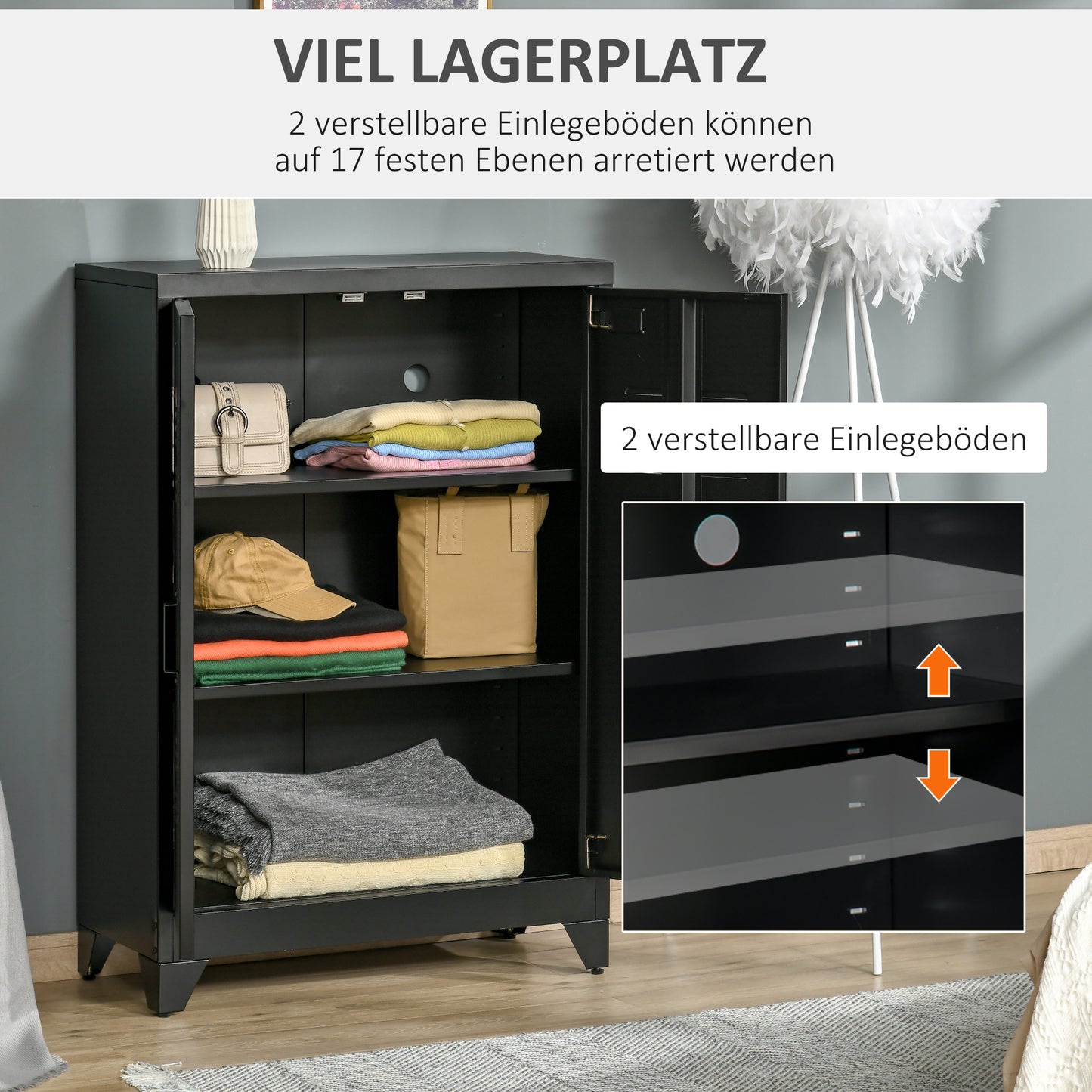 Dressoir – Opbergkast – Ladekast – Buffettenkast – Kast – Metalen Kast – Industrieel Design – 2 Verstelbare Planken – Ventilerende Lamellen Deuren – 75x33x110 cm – Zwart