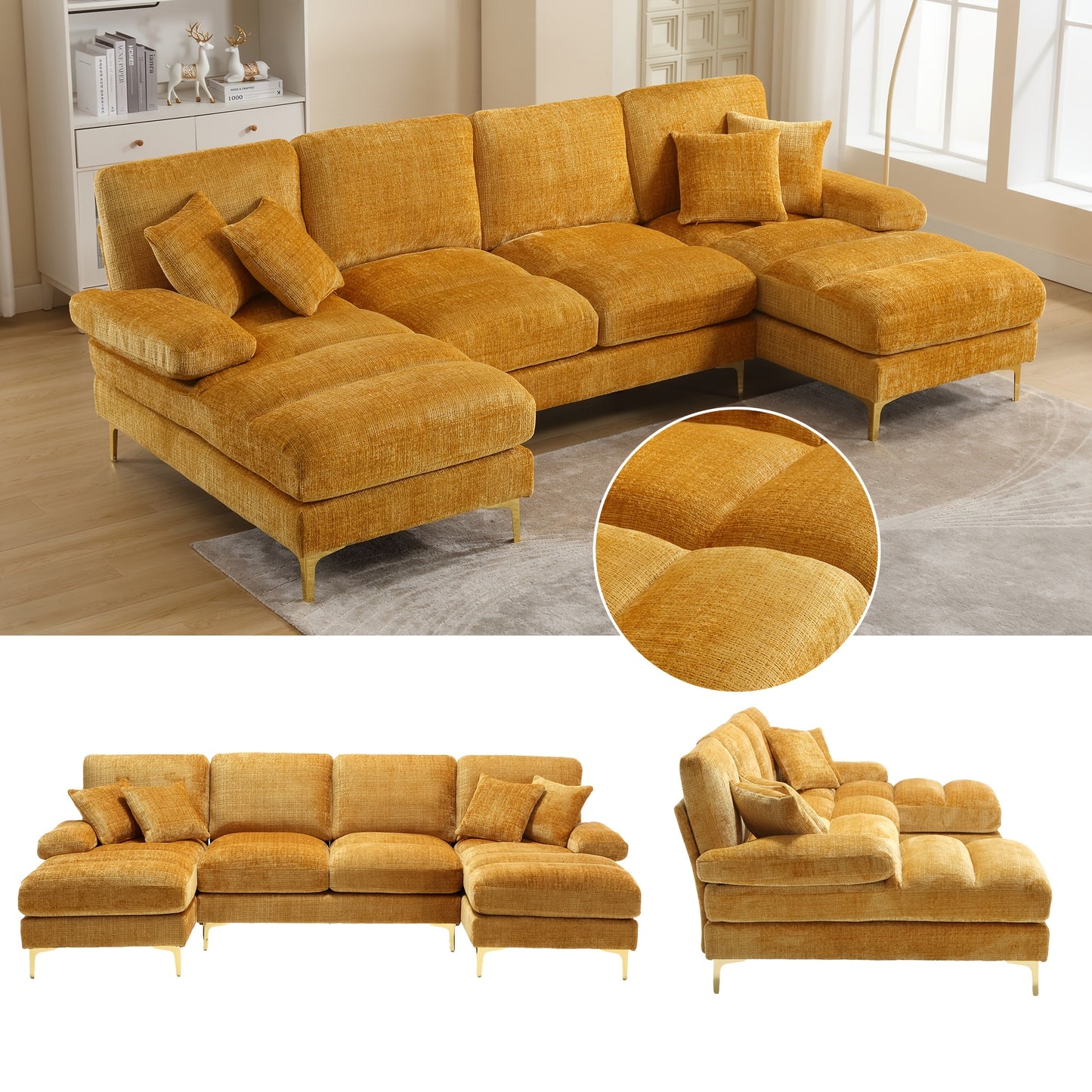 Hoekbank – U-Vormige Bank – Sectiebank – Loungebank – Slaapbank – Gele Chenille Stof – Dubbele Relaxfunctie – Stijlvol Modern Design