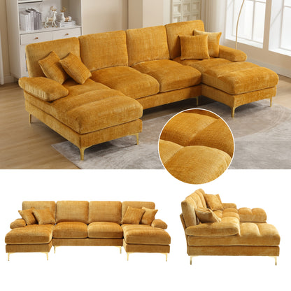 Hoekbank – U-Vormige Bank – Sectiebank – Loungebank – Slaapbank – Gele Chenille Stof – Dubbele Relaxfunctie – Stijlvol Modern Design