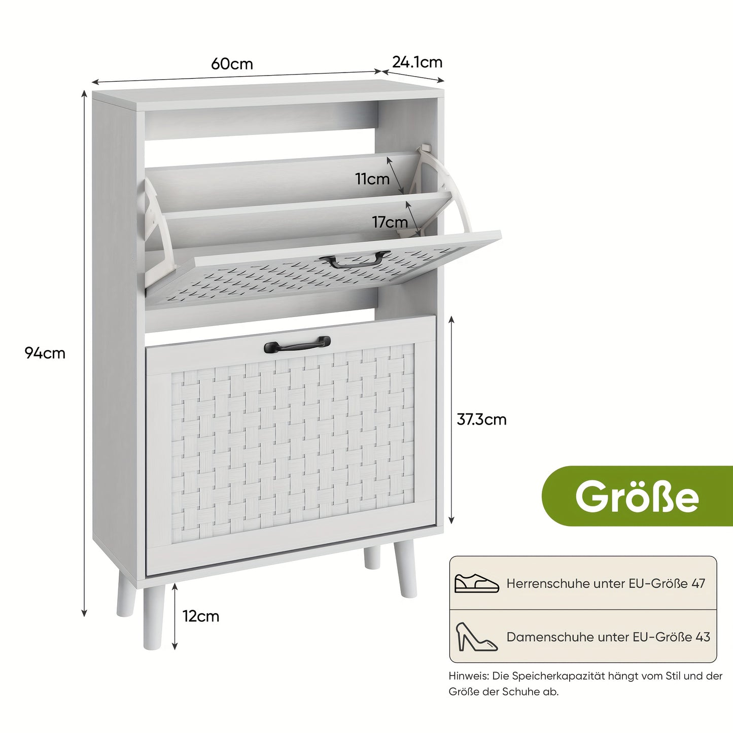 Schoenenkast – Schoenenrek – Schoenenbank – Hal Organizer – Opbergkast – Handgemaakte Rieten Lades – Massief Houten Poten – Compact Smal Ontwerp – MDF Wit