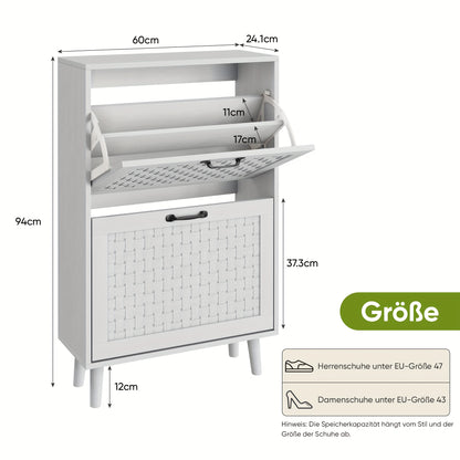 Schoenenkast – Schoenenrek – Schoenenbank – Hal Organizer – Opbergkast – Handgemaakte Rieten Lades – Massief Houten Poten – Compact Smal Ontwerp – MDF Wit