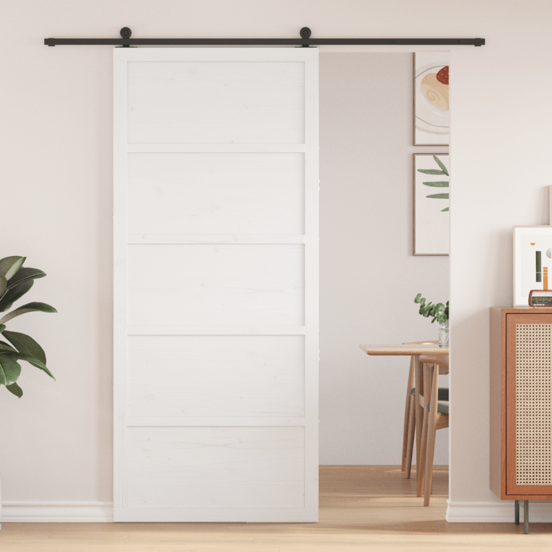 Houten Schuifdeur – Binnendeur – Raumtebesparende Deur – Glijdende Deur – Binnendeur Schuifpaneel – Massief Dennenhout – Wit Design – 100x208 cm – Stil en Soepel