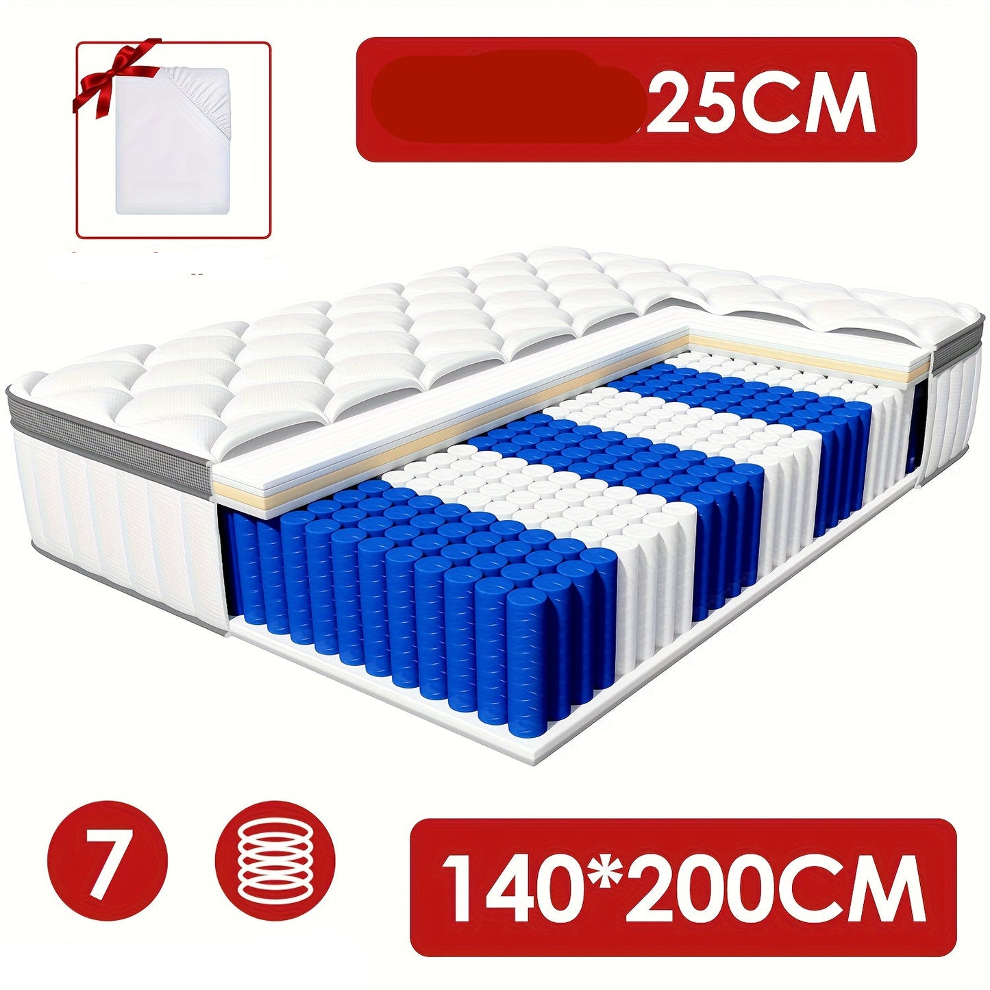 Matras – Pocketveringmatras – Tweepersoonsmatras – 7-Zones Matras – Stevig Matras – 140x200 cm – 7-Zones Pocketvering – Extra Stevig H3 Hardheid – Afritsbare Wasbare Hoes
