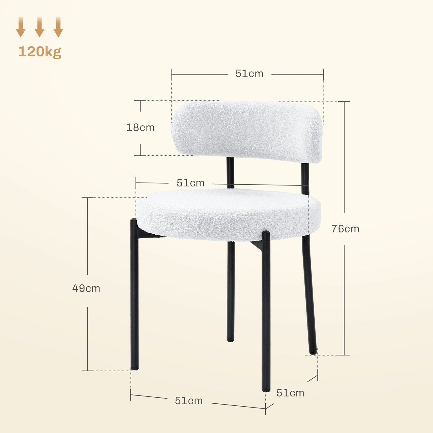 2pcs Dining Room Chairs, Fleece Upholstery, Chairs with Padded Seat, Metal Legs, Cream White