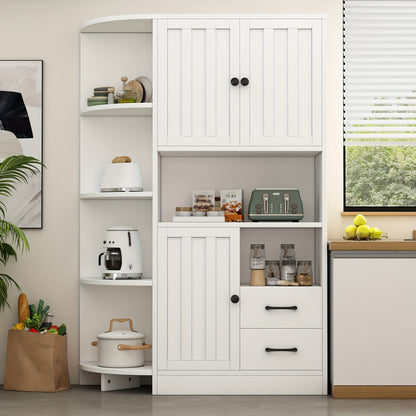 Modern White Corner Wardrobe & Display Cabinet with 14 Storage Areas - 3 Cabinets & 2 Drawers, Space-Saving High Cabinet with Bookshelf & Door Storage, Metal Construction, Easy Assembly for Living Room, Hallway, Small Spaces