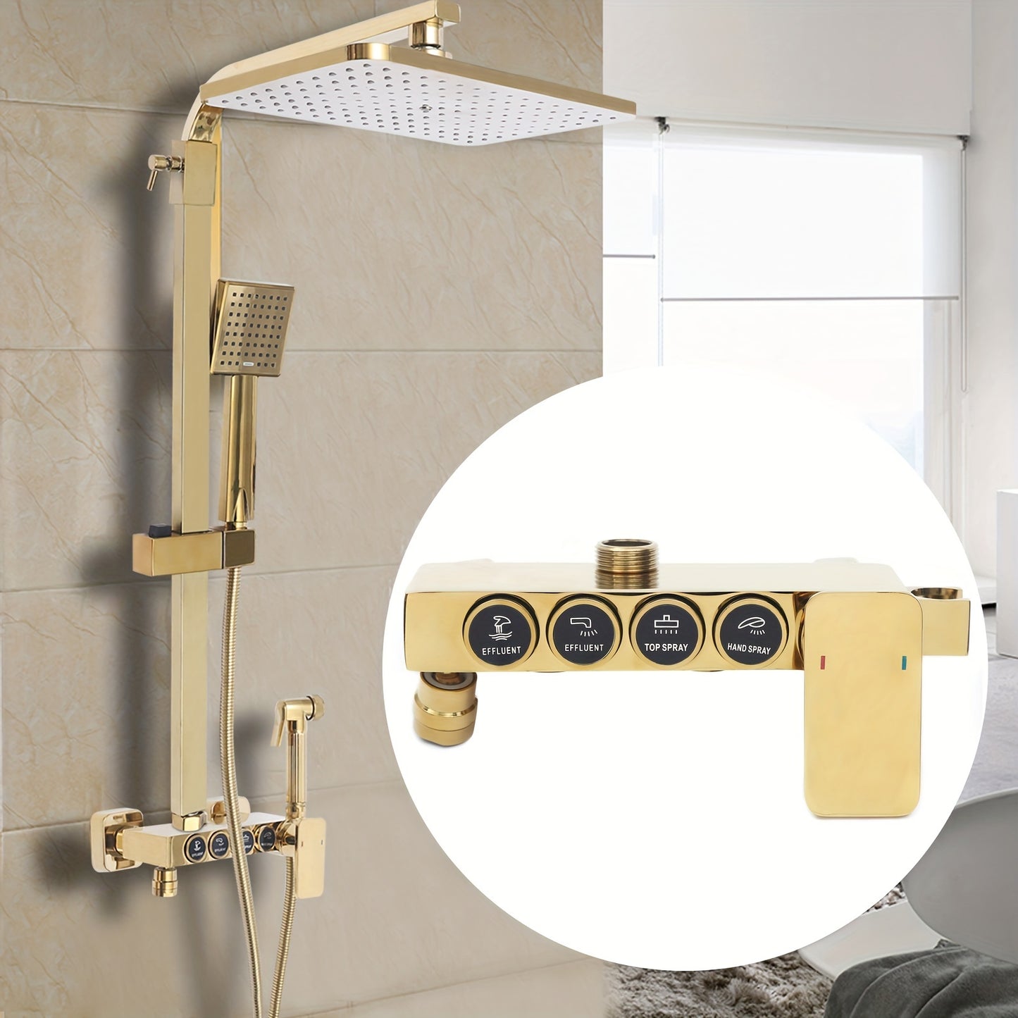 Douche Systeem – Douche Set – Complete Douche Set – Badkamer Douche – Regendouche – Gouden 4-in-1 Douche Systeem – 22,86x22,86 cm Regendouche – Messing Duurzaam