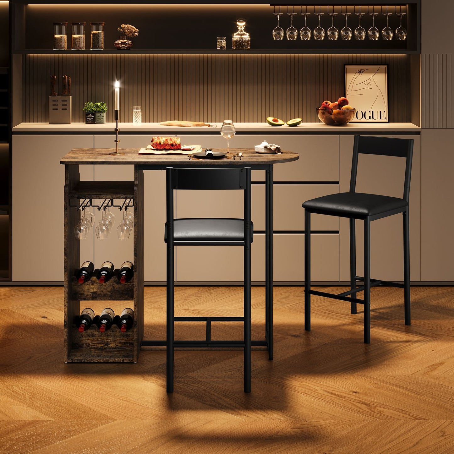Barset voor Twee – Barkrukken Set – Bartafel Compact – Wijnrek Tafel – Glazenhouder – Bruin – Ruimtebesparend Design – Massief Hout en Metaal