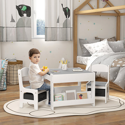 Kinderbureau Set – Kindertafel – Kindertafel Met Stoelen – Speeltafel – Tafel Met Opbergruimte – Omkeerbaar Tafelblad – Eenvoudig Schoon Te Maken – Grijs