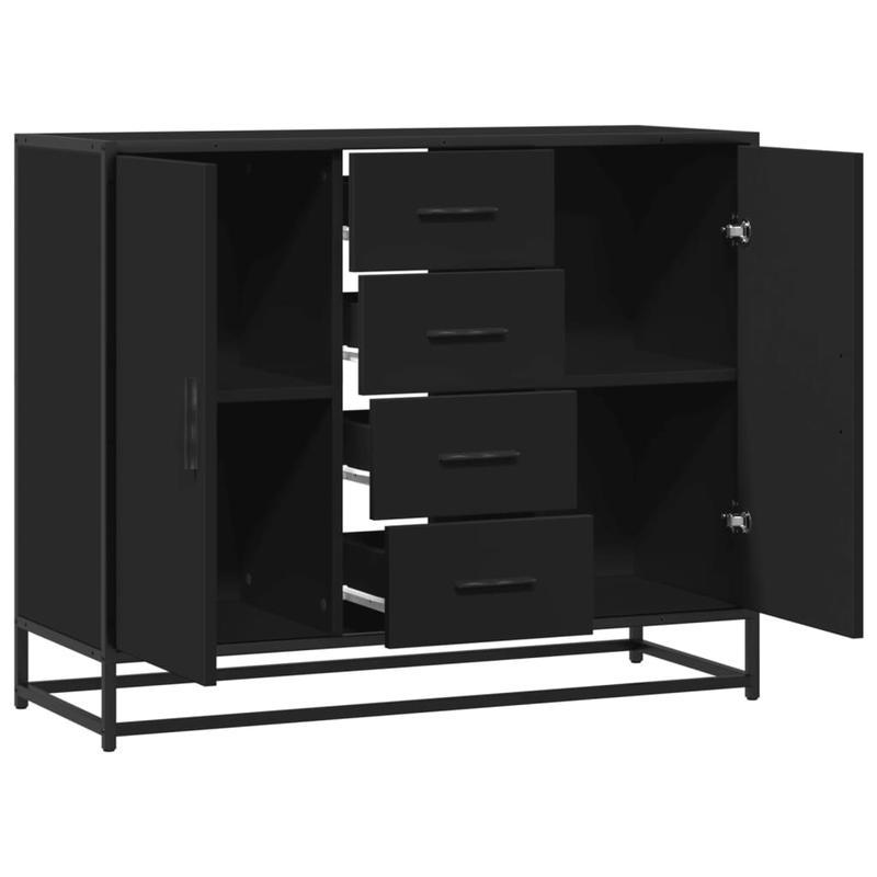 Modern Black Wooden Sideboard Cabinet with Drawers and Shelves - 92x35x76cm, 3 Drawers, 2 Open Shelves, 1 Closed Shelf, Removable Storage Organizer for Living Room or Office, Cabinet Storage, Minimalist Design, Sleek Finish,