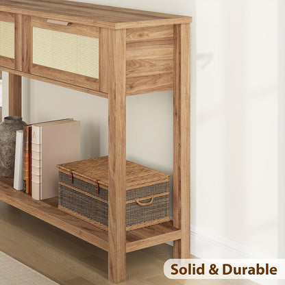 Boho Rustieke Sidetable – Haltafel – Wandtafel – Sofa Tafel – Console Tafel – 2 Lades & Opbergrek – Massief Hout & MDF – 109 cm Lang – 68 KG Draagkracht – Eenvoudige Montage