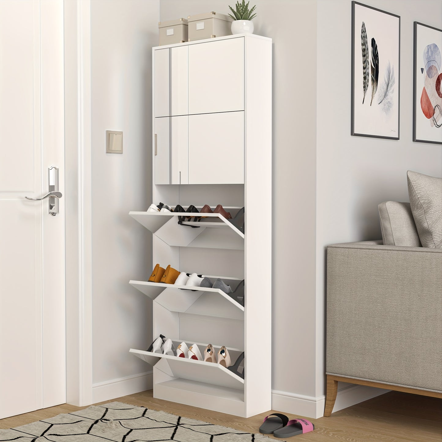 Schoenenkast – Schoenenrek – Schoenenopberger – Schoenenmeubel – Schoenentoren – Smal Design – 185 cm Volledige Spiegel – Flip-Lades – Wit