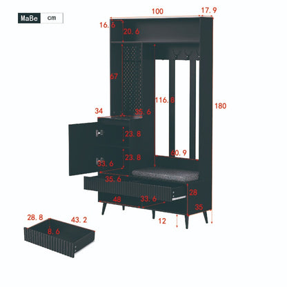 Coat Rack Entryway Hallway Storage Organizer with Shoe Bench 4 Hooks 2 Drawers 1 Door Cabinet for Home Black 100x35x180cm, Shoe Rack with Bench And Coat Hanger