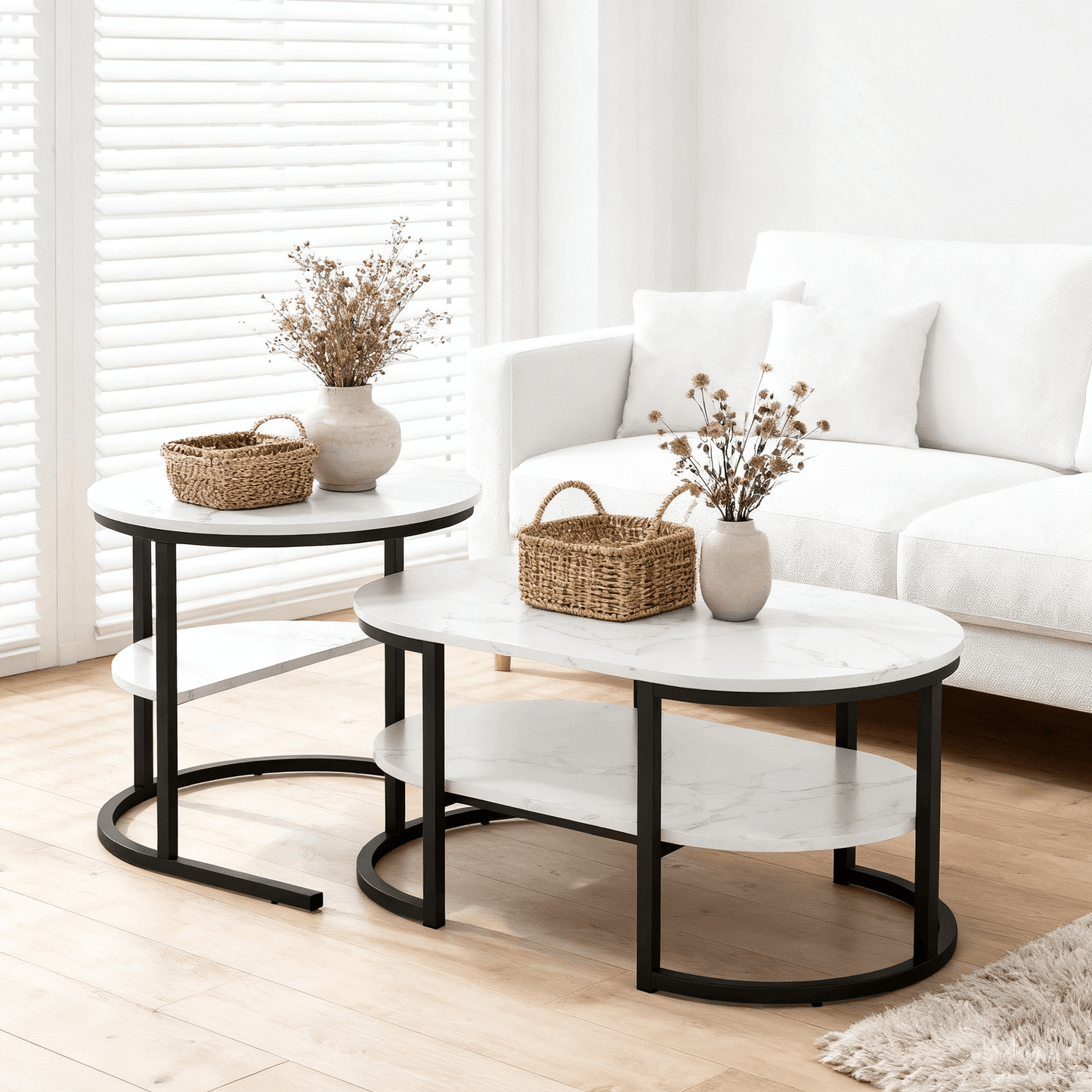 Ronde Salontafels – Bijzettafels – Snacktafels – Nesting Tafels – Zwart – Marmerlook – Compact Design – Stevig MDF Metalen Frame