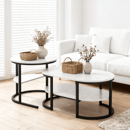 Ronde Salontafels – Bijzettafels – Snacktafels – Nesting Tafels – Zwart – Marmerlook – Compact Design – Stevig MDF Metalen Frame