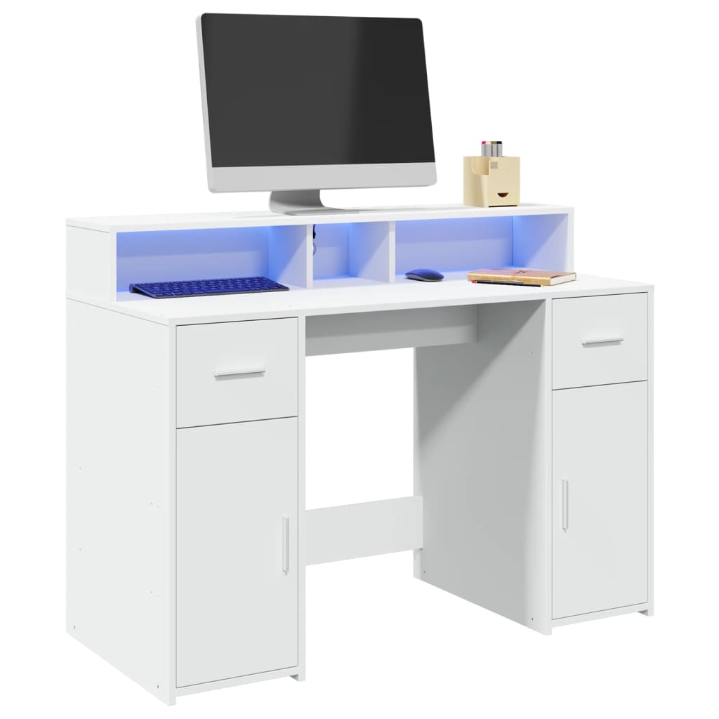 Bureau – Werkplek Meubel – Schrijftafel – Gaming Desk – Computertafel – RGB LED Verlichting – Wit 120x55x91 cm – Duurzaam Hout – Opbergruimte