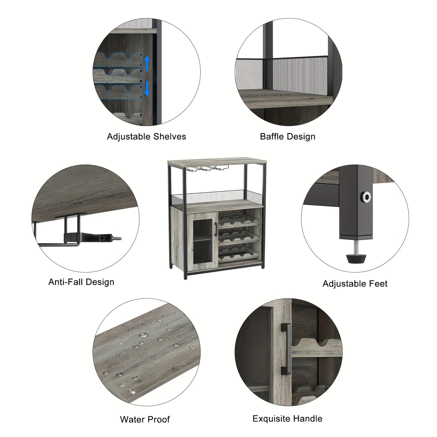 Koffiebarkast – Wijnrek – Buffetkast – Barmeubel – Opbergkast – Vrijstaand – 12 Wijnfles Houder – 9 Wijnglazen Rek – Ruim Werkblad – Mesh Deurtje Storage