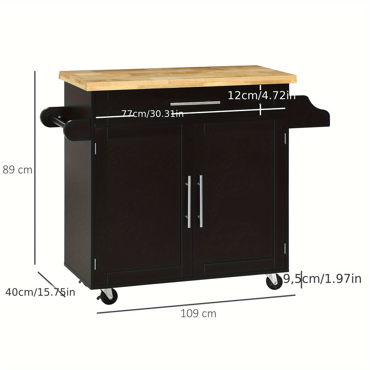 Keukentrolley – Keukenwagen – Werkbladkar – Opslagkar – Kruidenrek – Zwart – Ruim Werkblad 109x40 cm – Ingebouwde Handdoekhouder