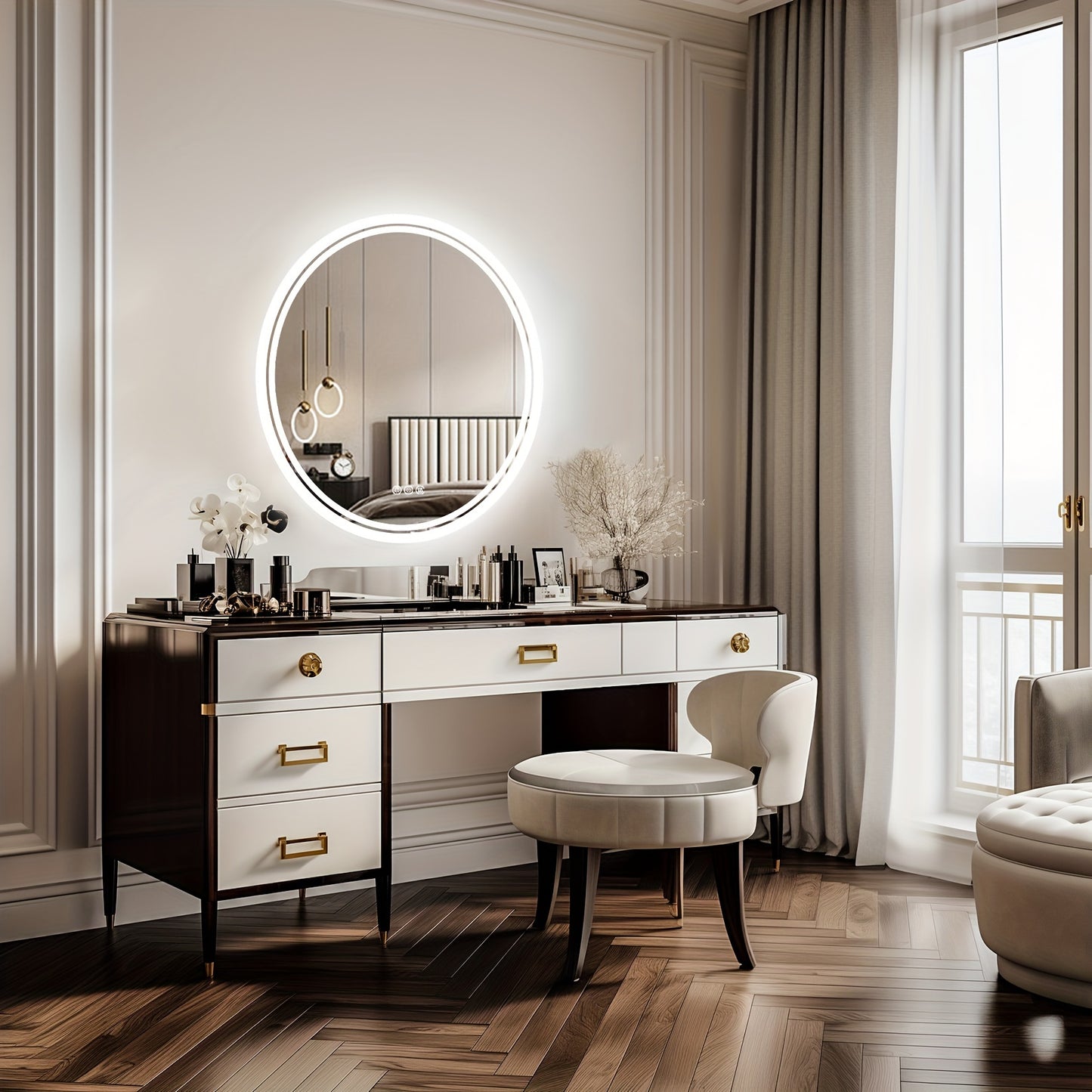 Round LED Bathroom Mirror, Dimmable Lighting, 60/80cm Backlit Anti-fog Makeup Wall Mirror, Smart Touch Button, Cold/Warm/Neutral Light, Memory Function Modern Shaving Mirror, with Frosted Edge, Bathroom Mirrors for Wall, Cont