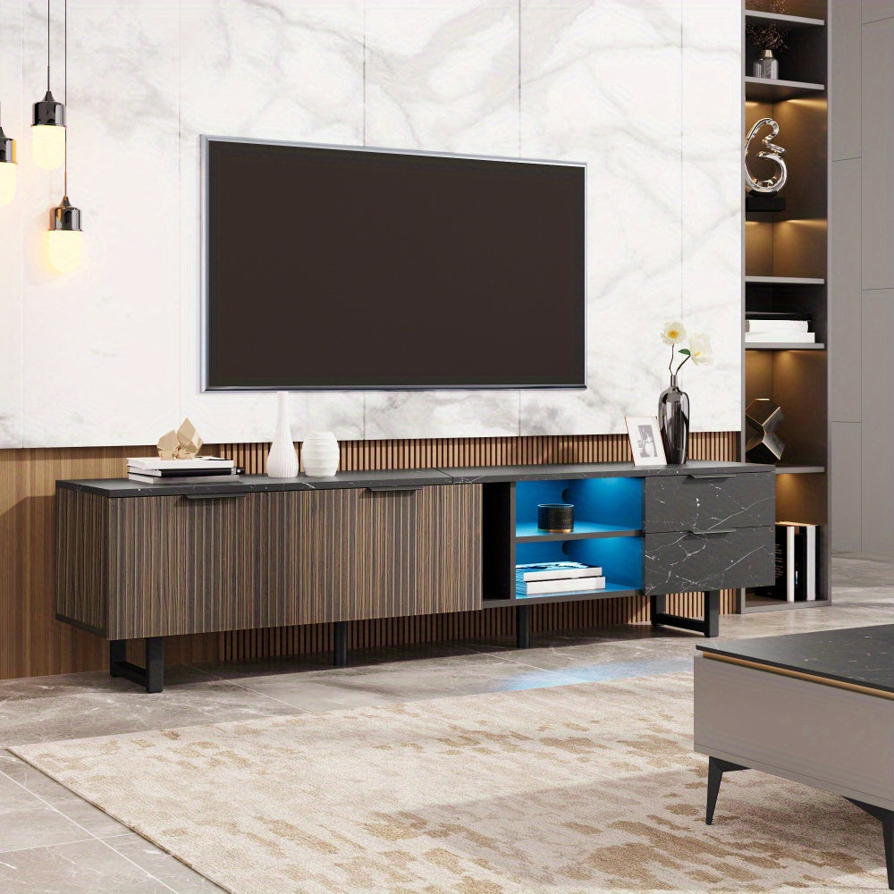 TV-kast – Meubel – Entertainmentkast – Woonkamerkast – TV-meubel – 200 cm – Zwart Marmer – Donker Houtnerf – 2 Deuren – 2 Lades