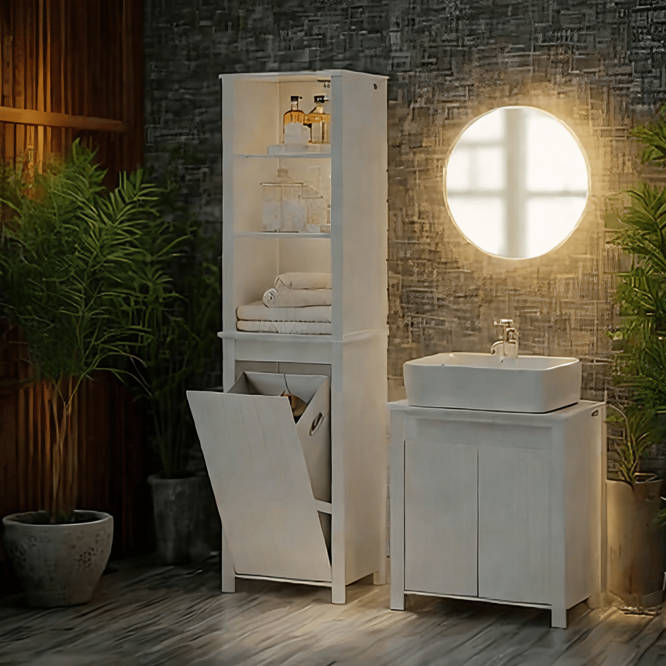 Hoge Badmeubel – Badkamerkast – Opbergkast – Wasmand Kast – Smalle Badmeubel – 3 Open Vakken – Uitneembare Wasmand – MDF Hout – Anti-Kantel Beveiliging