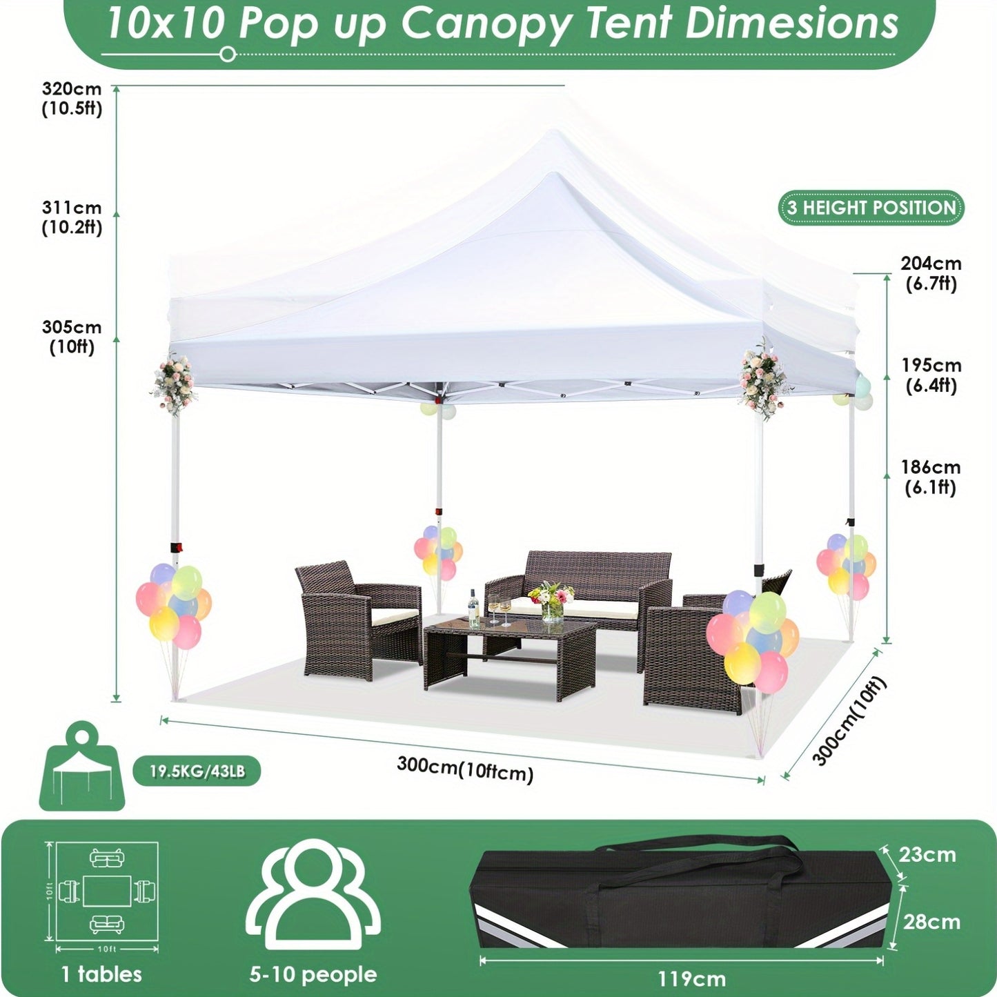 Partytent – Pop-up Tent – Paviljoen – Feesttent – Tuinentent – 3,05x3,05 Meter – Verstelbare Hoogte – 4 Zijwanden Inclusief