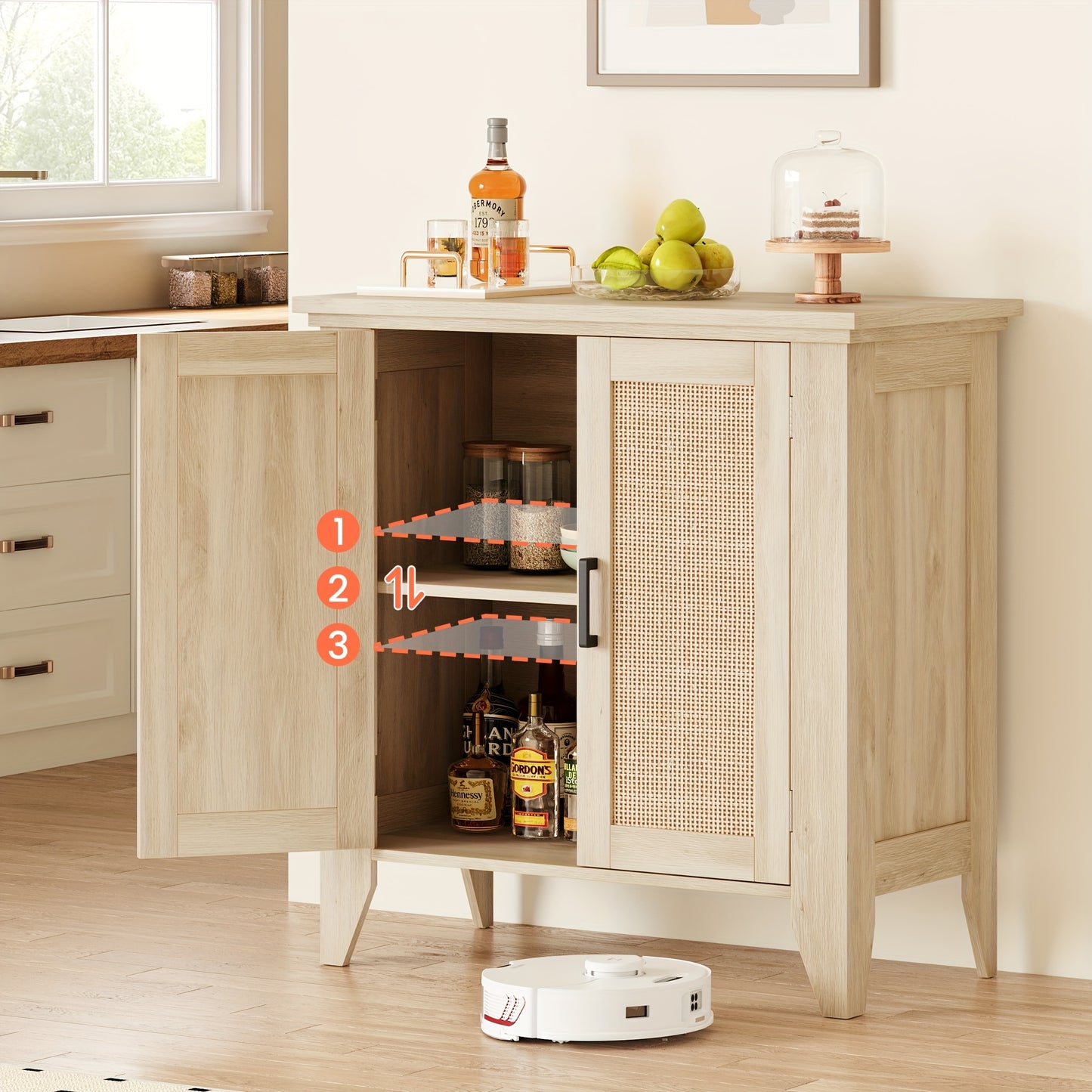 Dressoir – Sideboard – Kast – Opbergkast – Buffetkast – Set Van 2 – Natuurlijke Eikenhout Afwerking – Compact 76x40x80 cm Met Rattan Elementen