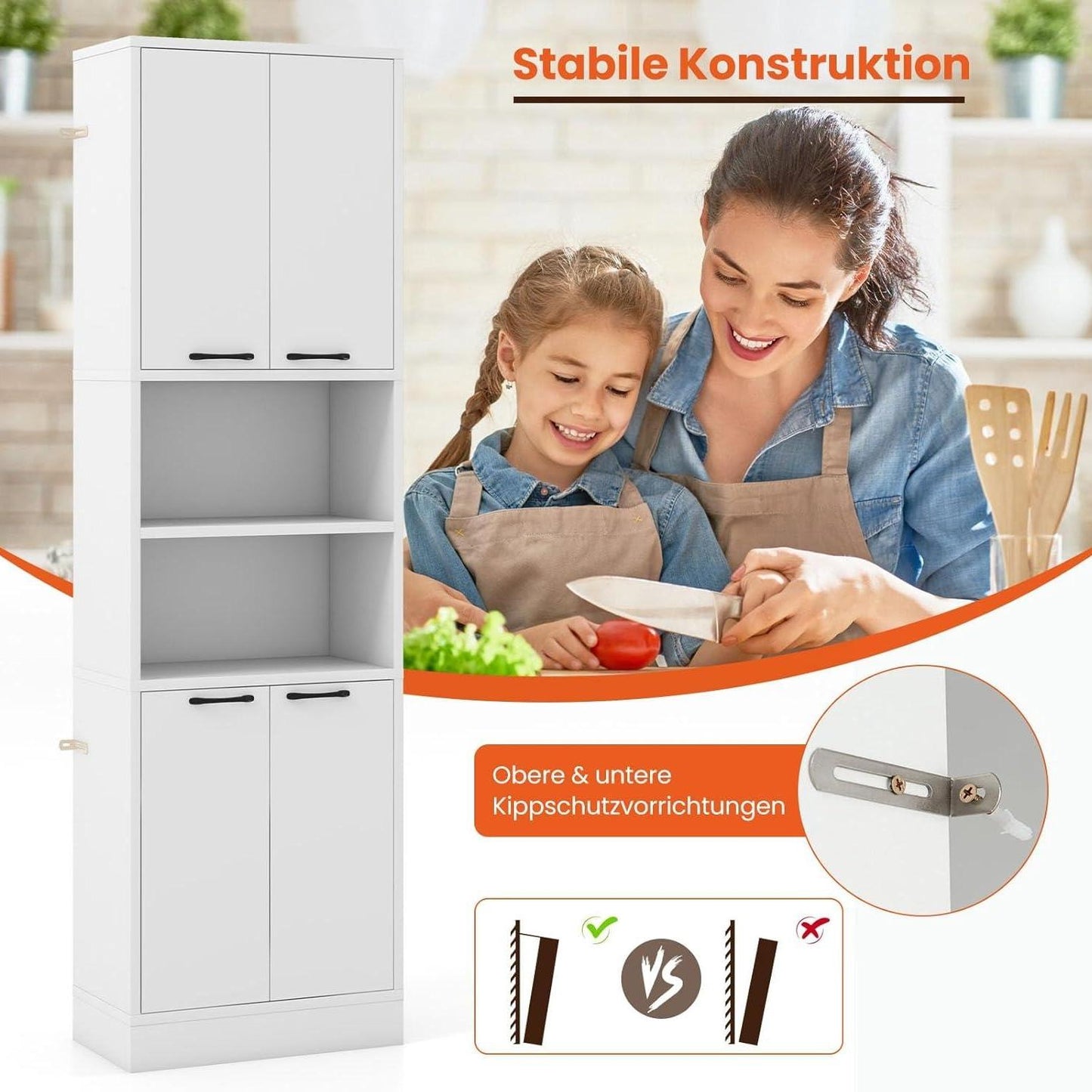Opbergkast – Hoge Kast – Keukenkast – Dichte Deuren Kast – Open Planken Kast – 190 cm Hoog – Anti-Kantelbeveiliging & Stevig MDF Materiaal – Wit Naturel