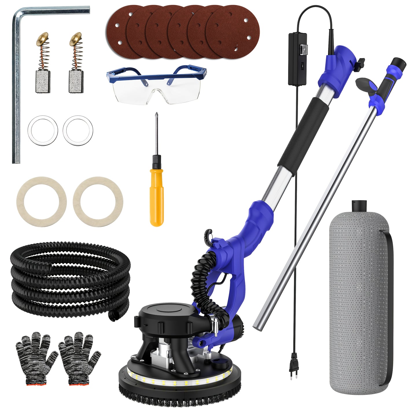 Gedeeltenschuurmachine – Drywall Sander – Wand- en Vloerschuurmachine – Multischuurmachine – Handpalmschuurmachine – Elektrisch – Incl. Stofafzuiging & LED-Verlichting – Verstelbare Opvouwbare Handgreep