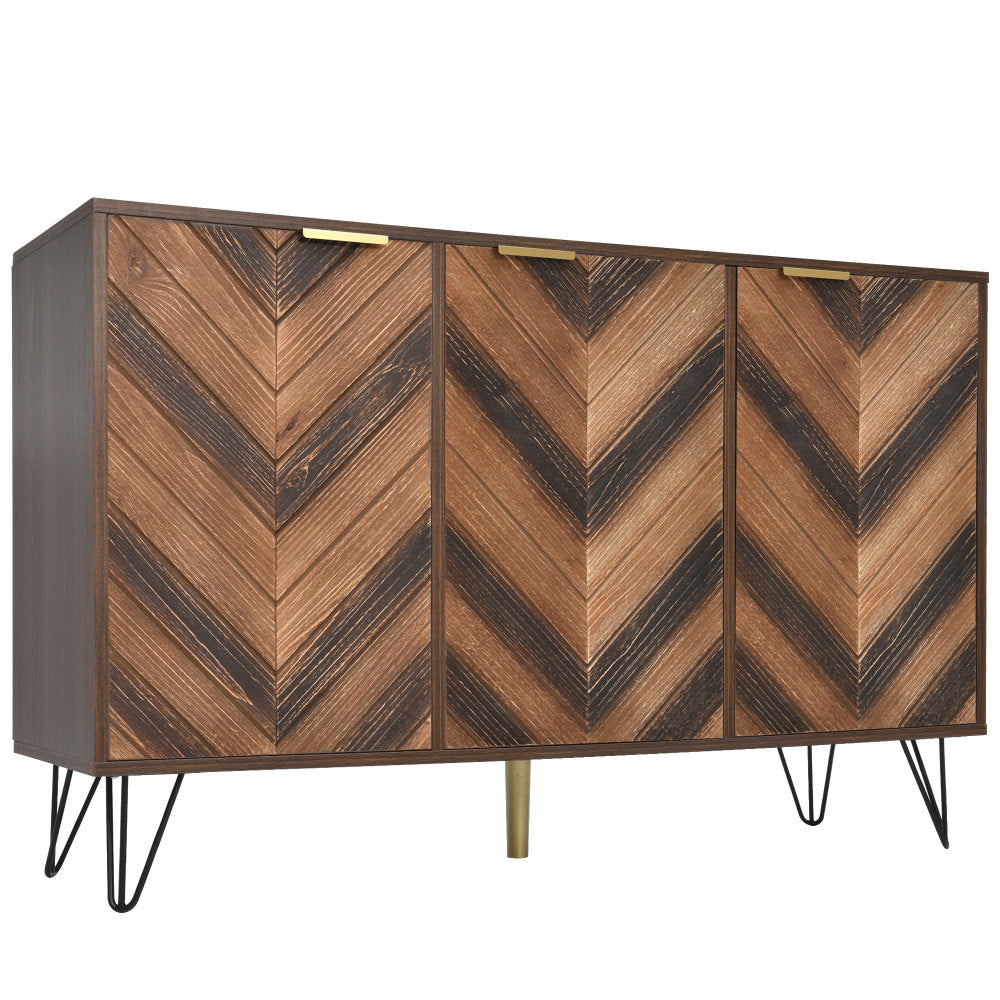 Three-Door Sideboard | Unique Design, Stylish Details, Ample Storage Space, Solid Wood Veneer Doors with Textured Surface, Veneered Interior, Includes Small Cabinet with Golden Accents