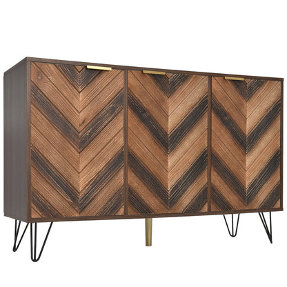 Three-Door Sideboard | Unique Design, Stylish Details, Ample Storage Space, Solid Wood Veneer Doors with Textured Surface, Veneered Interior, Includes Small Cabinet with Golden Accents
