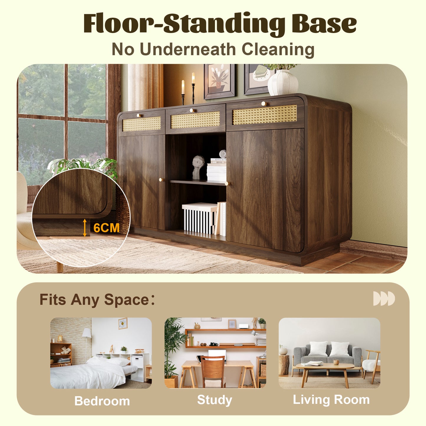 Dressoir – Sideboard – Opbergkast – Ladekast – Buffetkast – Notenhout Met Rattan Details – 120x40x85 Cm – Verstelbare Planken