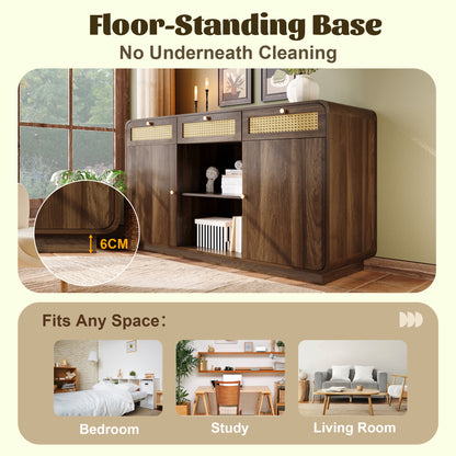 Dressoir – Sideboard – Opbergkast – Ladekast – Buffetkast – Notenhout Met Rattan Details – 120x40x85 Cm – Verstelbare Planken