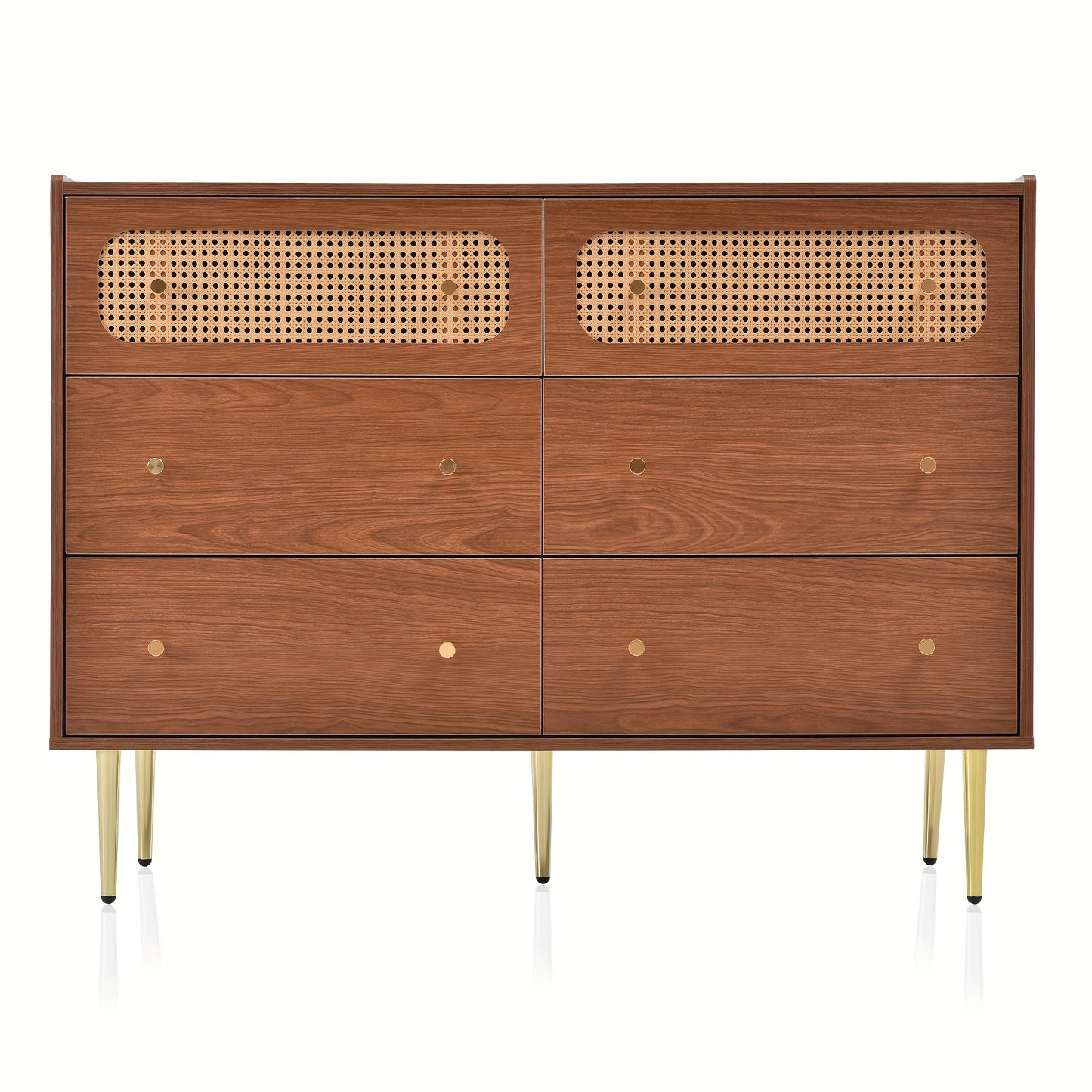 Six-drawer Chest Of Drawers Storage Cabinet with Six Drawers, Rattan Highboard for Bedroom And All Living Spaces, In Walnut, H90/W120/D40cm,  Multidrawer Cabinet, Modern Chest Of Drawers, Minimalist Furniture, Durable Storage