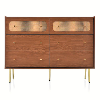 Six-drawer Chest Of Drawers Storage Cabinet with Six Drawers, Rattan Highboard for Bedroom And All Living Spaces, In Walnut, H90/W120/D40cm,  Multidrawer Cabinet, Modern Chest Of Drawers, Minimalist Furniture, Durable Storage