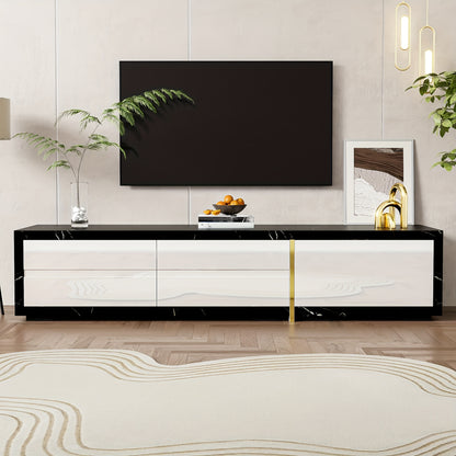 Modern Adjustable TV Stand with Swivel Function, Marble Look High-Gloss Matte Finish & Golden Accents – Sleek Black Design for Contemporary Living Rooms