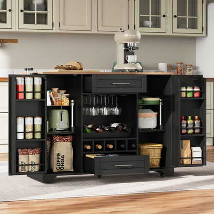 Keukentrolley – Keukenkar – Serveerwagen – Keukenwagen – Opbergtrolley – Mobiel met Wieltjes – Inklapbaar Werkblad – Wijnrek & Kruidenrek – 120x45/70x92 cm – Zwart