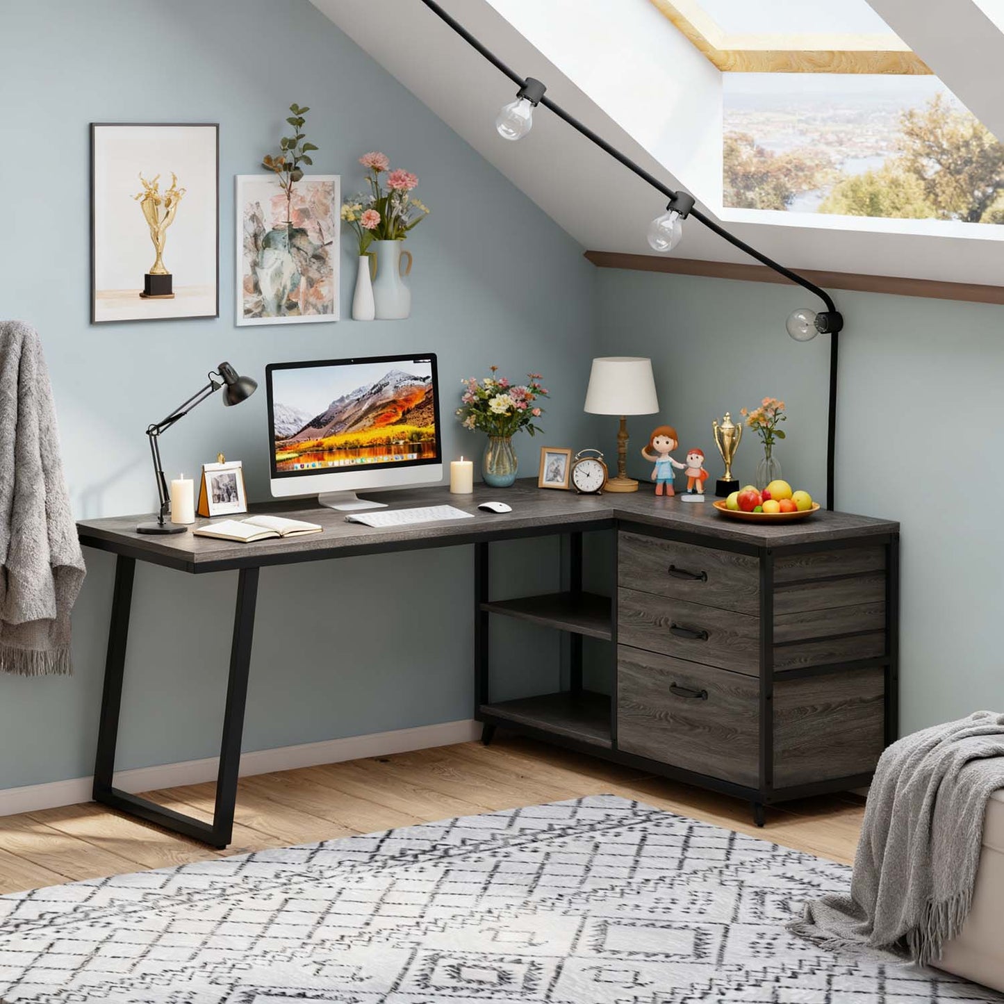 L-Shaped Corner Desk Suitable for Home Office - Reversible Computer Desk with 3-Drawer Storage & 2-Tier Shelves, Space-Saving Wide Workstation Table, Assembly, Engineered Wood