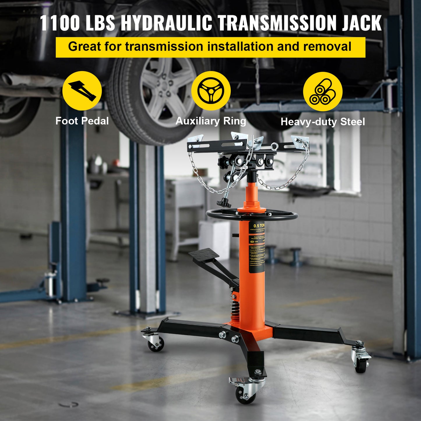 Transmissiekrik – Hydraulische Krik – Telescopische Krik – Autohefbrug – Garagekrik – 500 kg Draagkracht – Hefhoogte 85-170 cm – Oranje