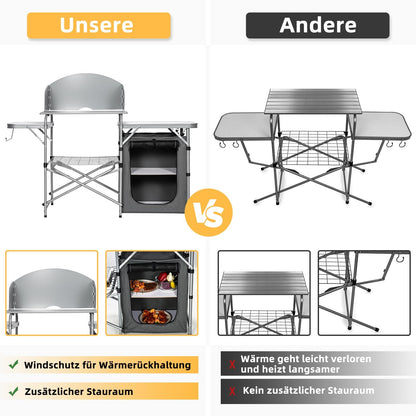 Campingkastje – Campingtafel – Outdoor Kastje – Vouwkastje – Campingmeubel – Aluminium Frame – Windschermen & Opbergtas – Compact & Lichtgewicht