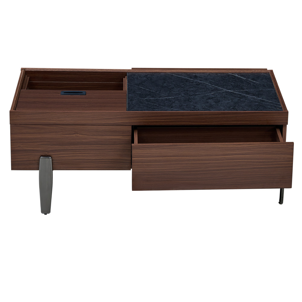 Modern Glass-Top Coffee Table with Storage Drawers - Dark Brown Marble-Patterned Wood Veneer & Sturdy Metal Legs, Contemporary Minimalist Design with Spacious Top & Hidden Storage for Living Room, Easy Assembly Required, Dura