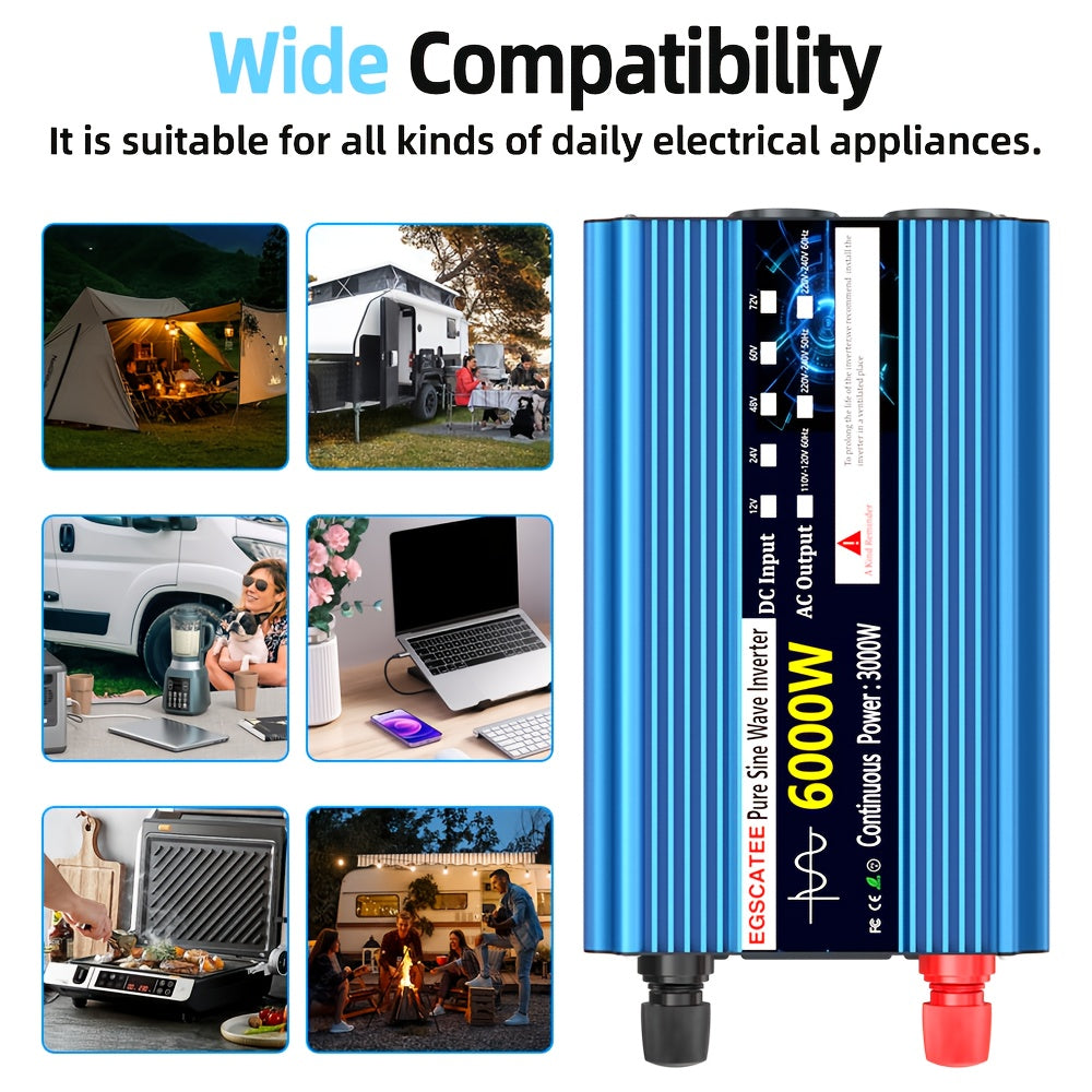 Omvormer 6000W – Spanningsomzetter – Stroomomzetter – DC naar AC Converter – Power Inverter – Zuivere Sinusgolf – LCD Display & Afstandsbediening – Compact Metalen Behuizing