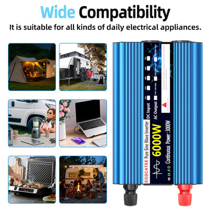Omvormer 6000W – Spanningsomzetter – Stroomomzetter – DC naar AC Converter – Power Inverter – Zuivere Sinusgolf – LCD Display & Afstandsbediening – Compact Metalen Behuizing