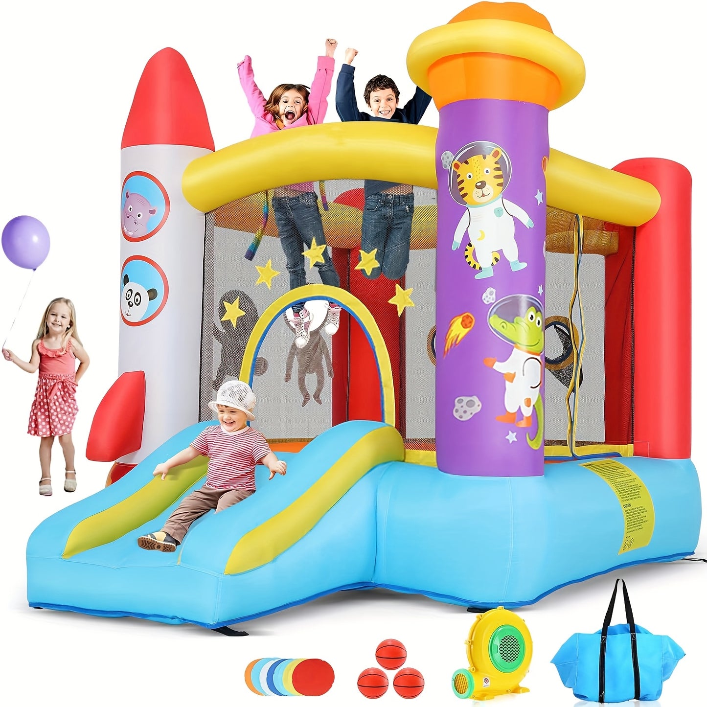 Opblaasbare Springkasteel – Springkussen – Bouncer – Speeltoestel – Glijbaan – Voor Kinderen Vanaf 3 Jaar – Duurzaam Polyester – Inclusief Blower en Haringen – Rood